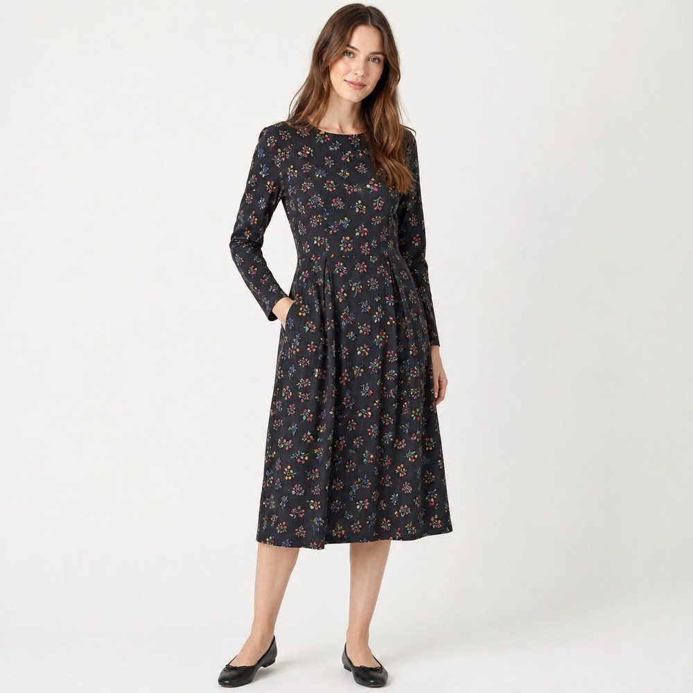 VTG Talbots Floral Midi Dress Womens 8 Black Long Sleeve Pleated Cotton Petite